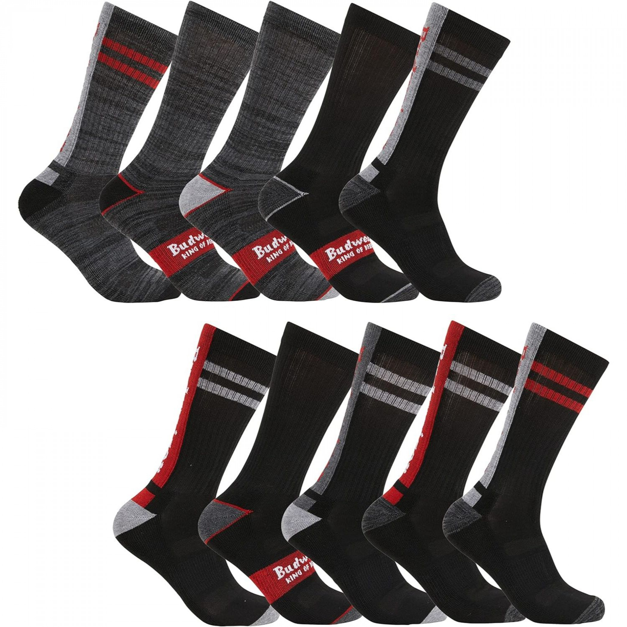 Budweiser Striped Logos Athletic Crew Socks 10-Pair Variety Multipack
